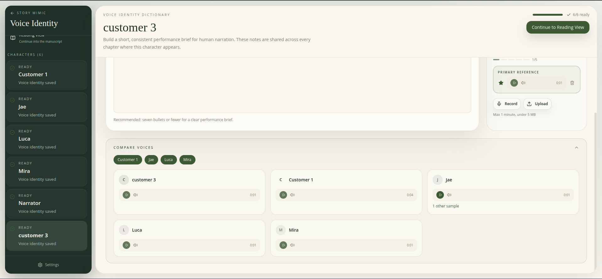 Compare two or more character voices side by side to make sure they're distinct enough. Catch overlap before a listener does.