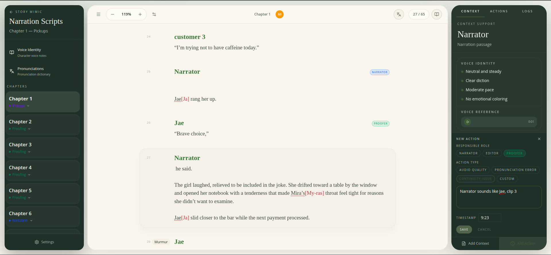 Product screenshot showing the narration prep experience